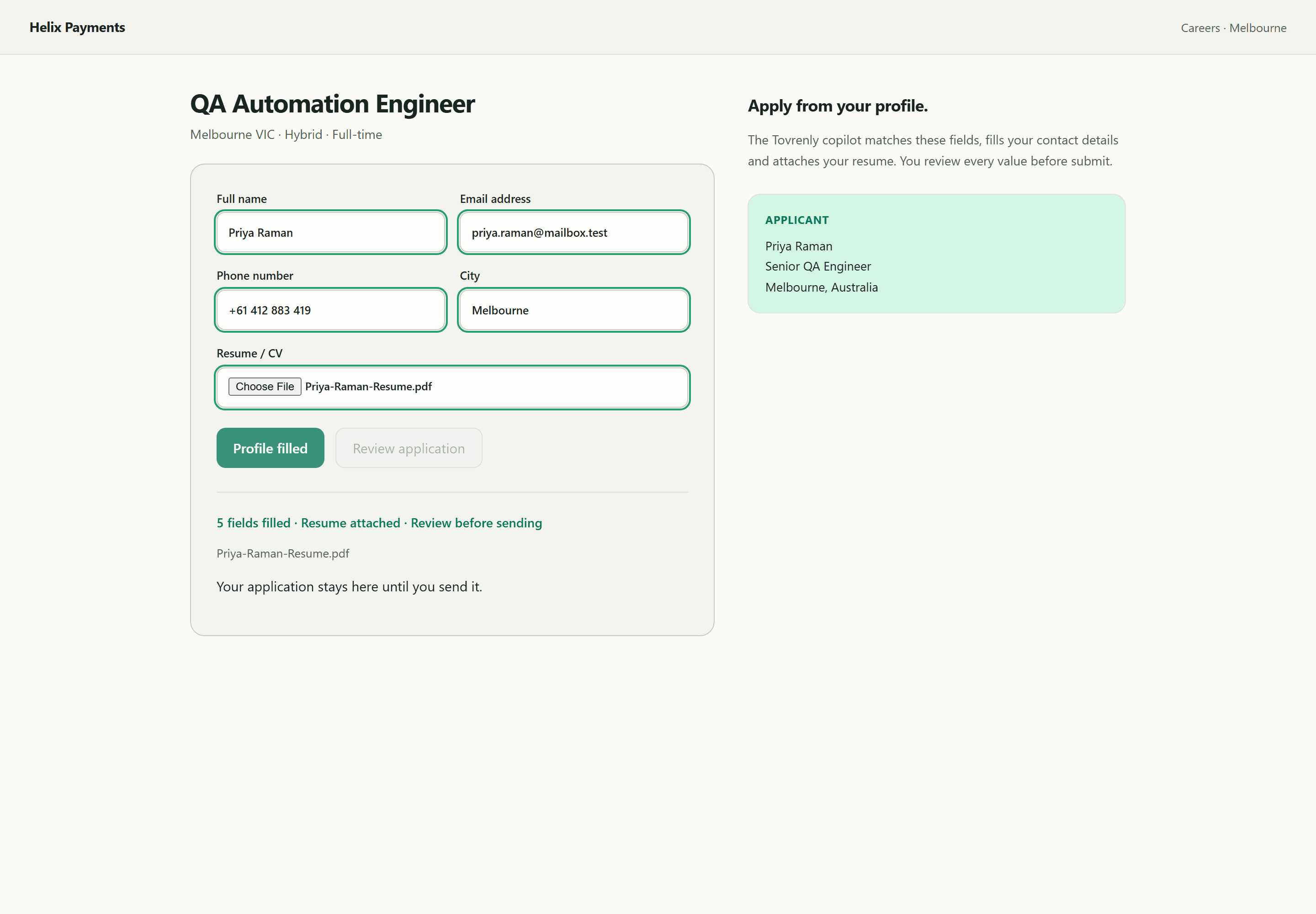 An employer application form filled from your profile with your resume attached, waiting for your review before submit