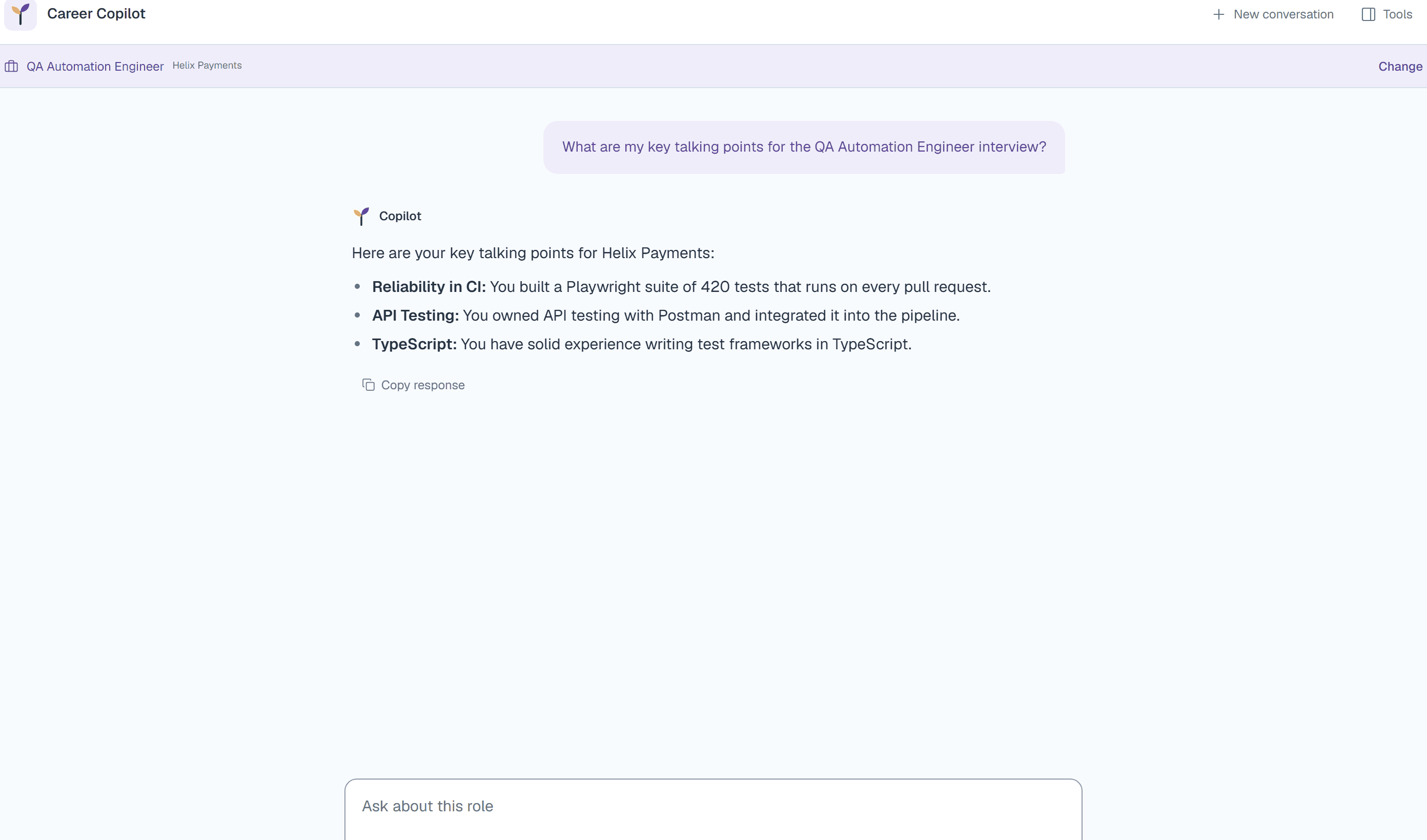 Career Copilot attached to a saved role, preparing interview talking points from your verified experience
