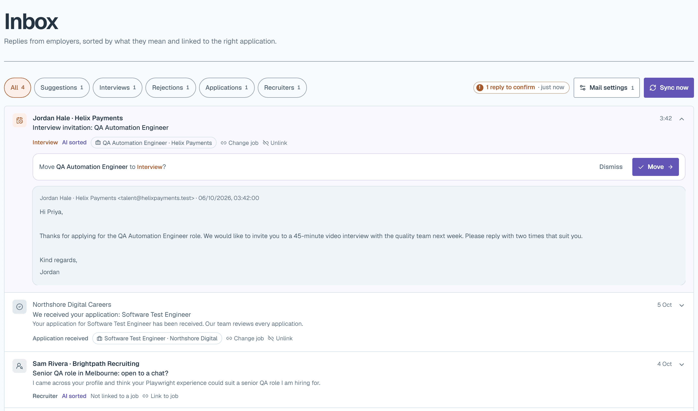 The job email inbox: an interview invitation sorted, linked to its application and ready to move the stage to Interview