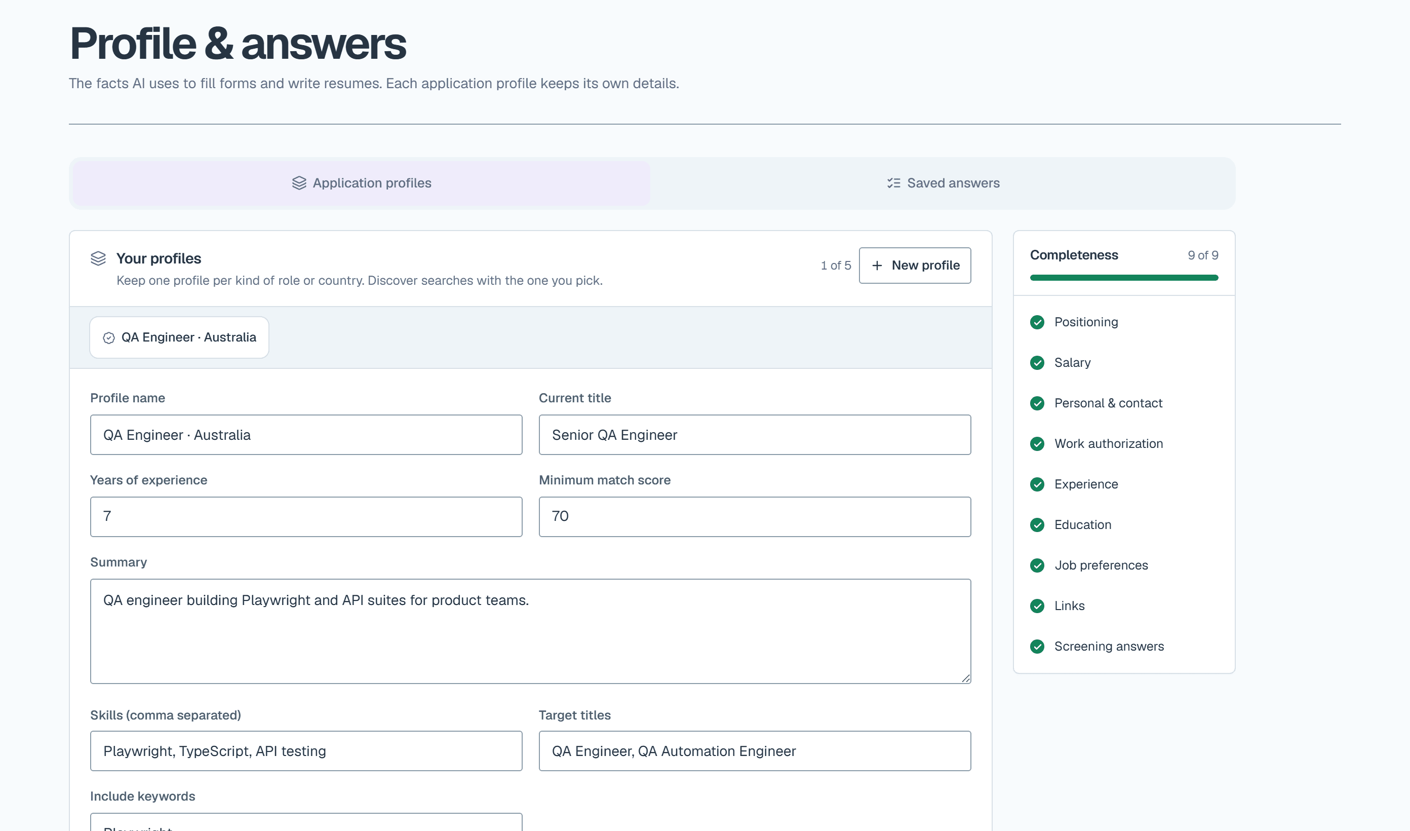 Application profile editor with contact details and a section completeness checklist