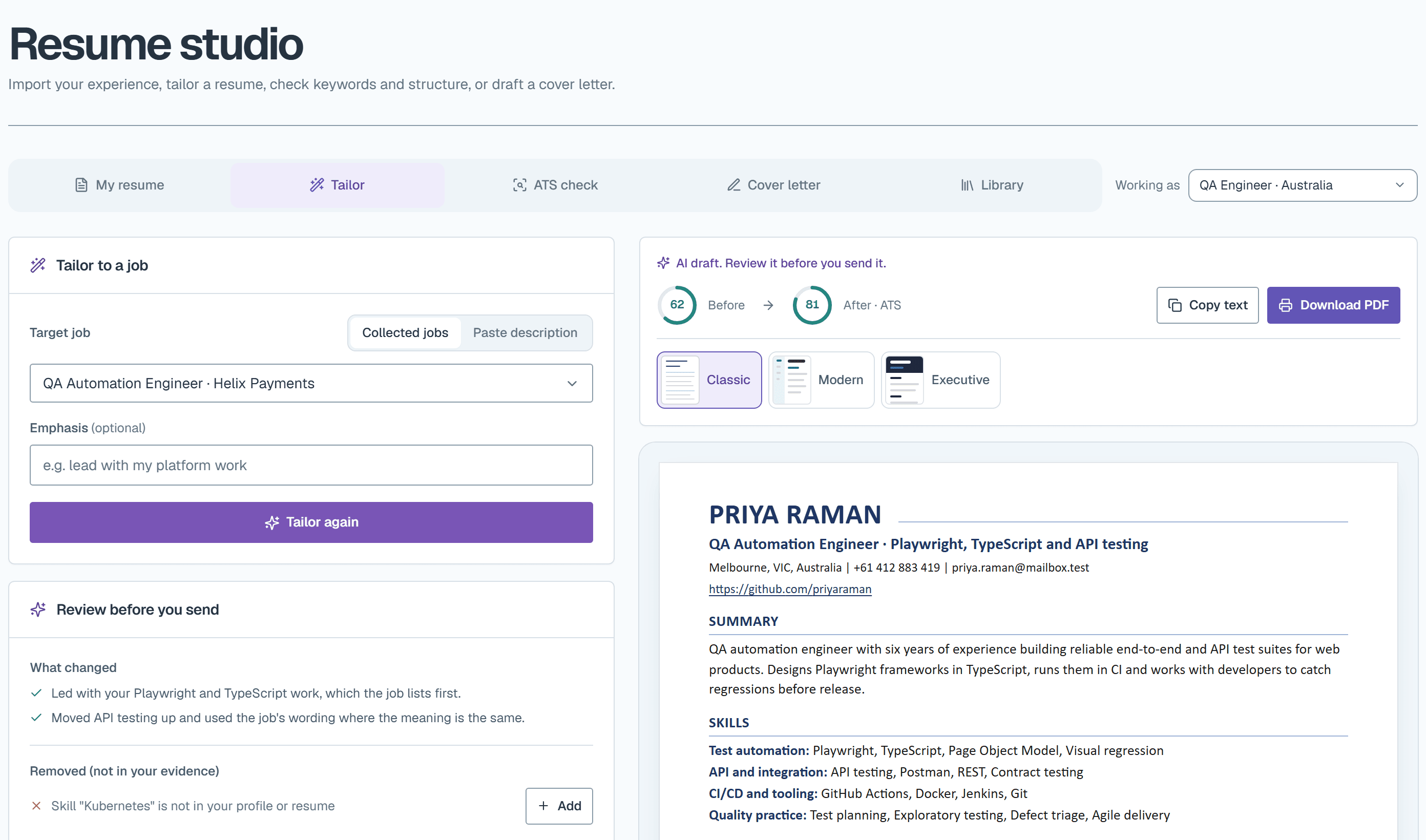 Resume studio with a tailored draft, review notes, before-and-after checks and a document preview