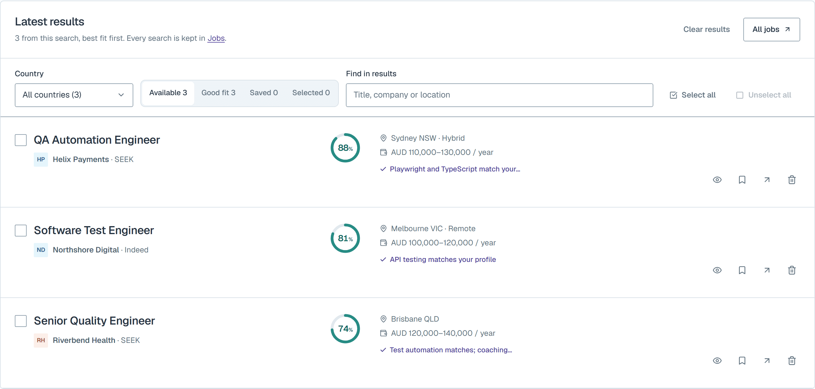 Collected job results: roles scored for a sample QA profile, with a reason for each match